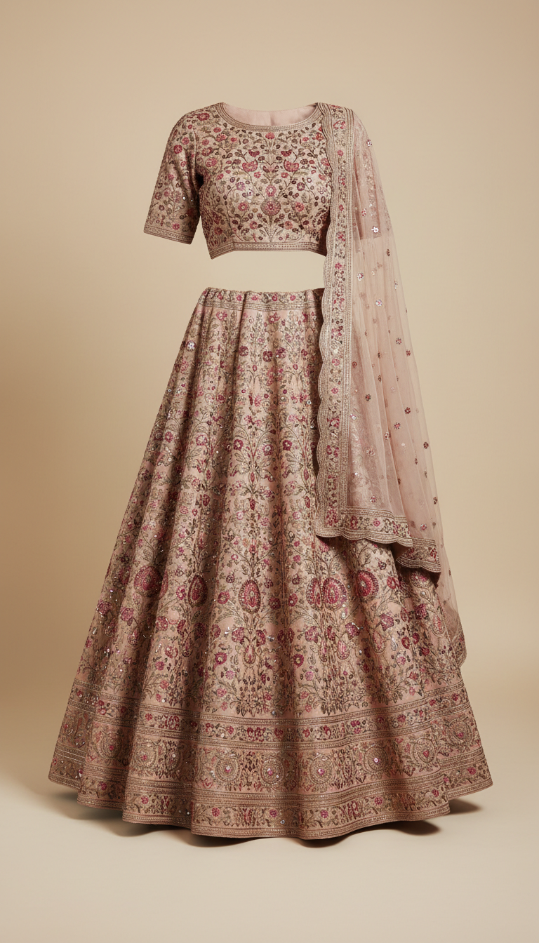 Champagne Embroidered Bridal Lehenga Set with Jewel Accents
