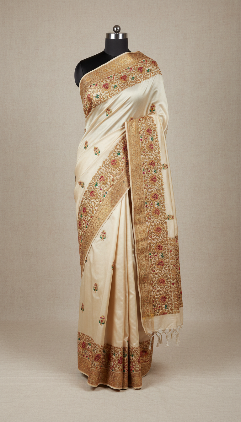 Ivory Silk Bridal Saree with Antique Gold Embroidery