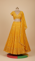 Marigold Yellow Chiffon Lehenga With Mirror Embroidery