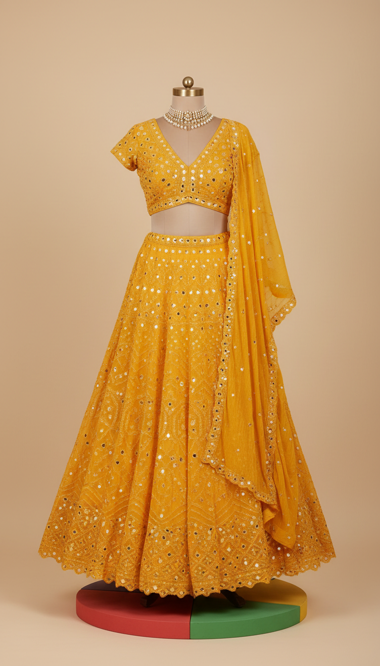Marigold Yellow Chiffon Lehenga With Mirror Embroidery