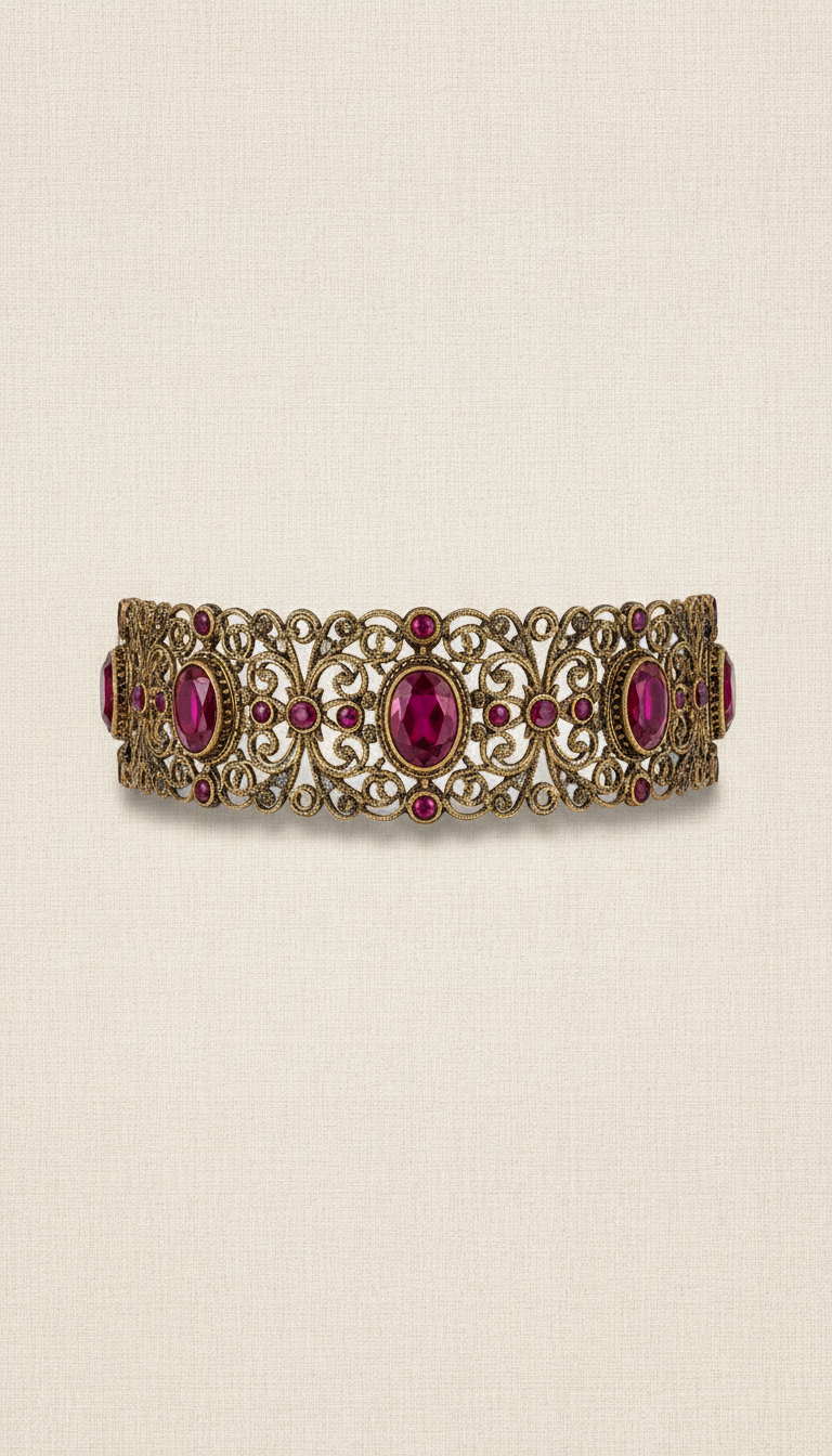 Ruby and Antique Gold Choker Necklace with Filigree Detailing