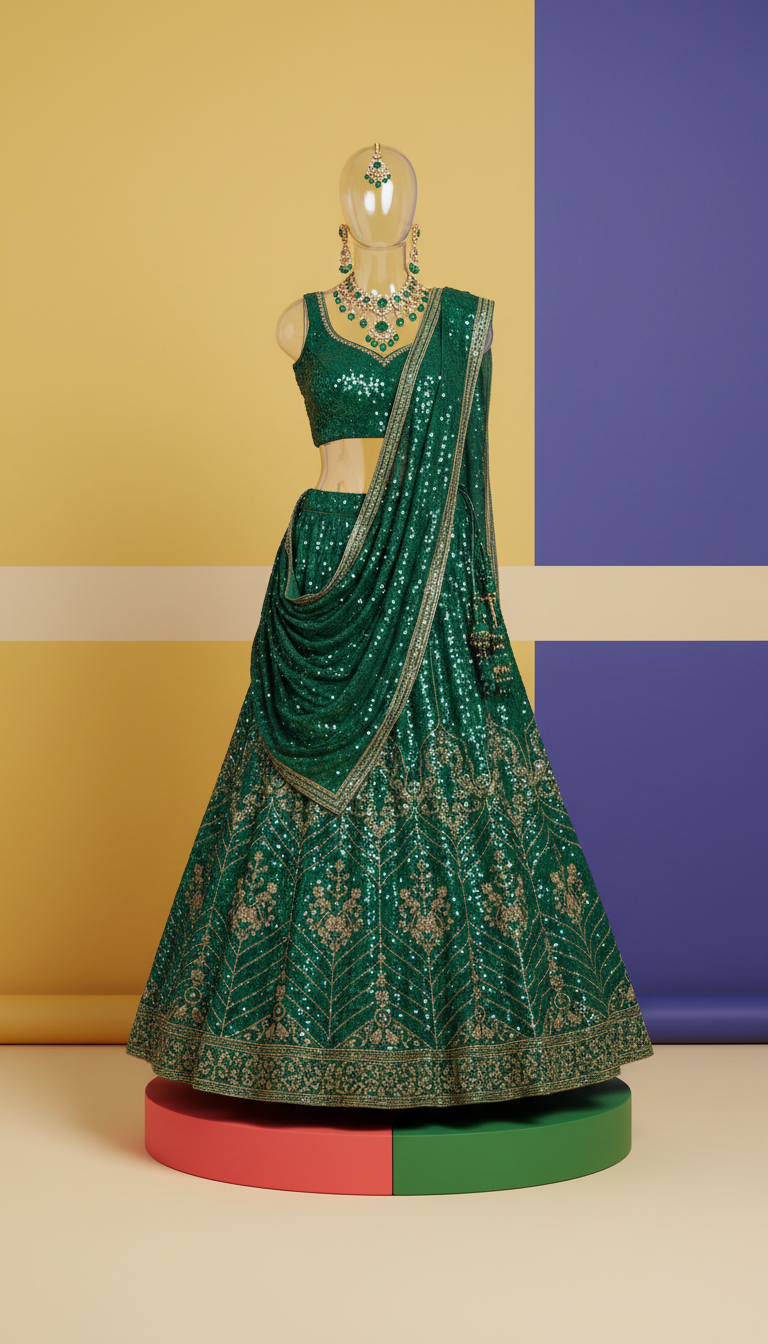 Emerald Green Sequin Bridal Lehenga