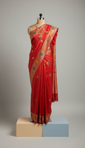Vermillion Red Embroidered Silk Saree