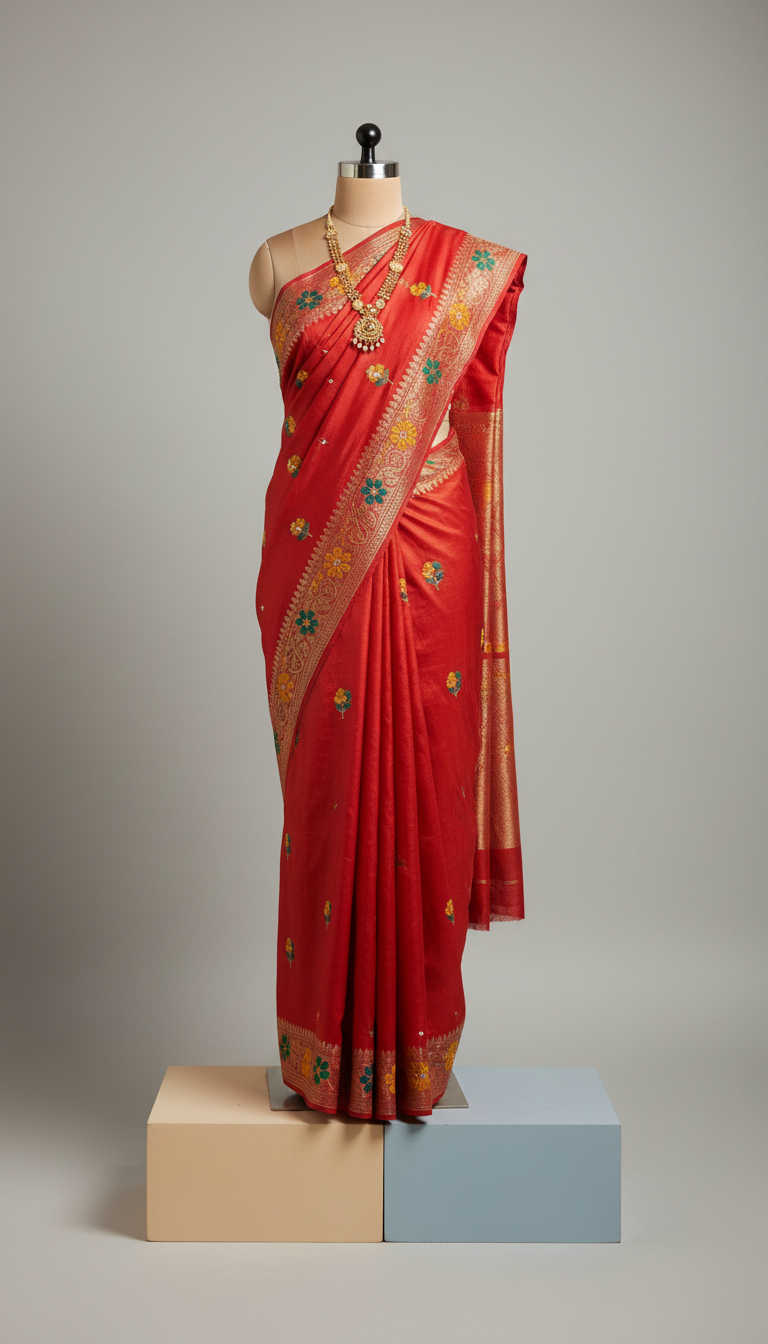Vermillion Red Embroidered Silk Saree