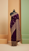 Royal Violet Velvet Saree With Gold Zari Work